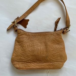 Brama Leather Bag Small Shoulder Tan Native Art Zip Closure Genuine DeerSkin